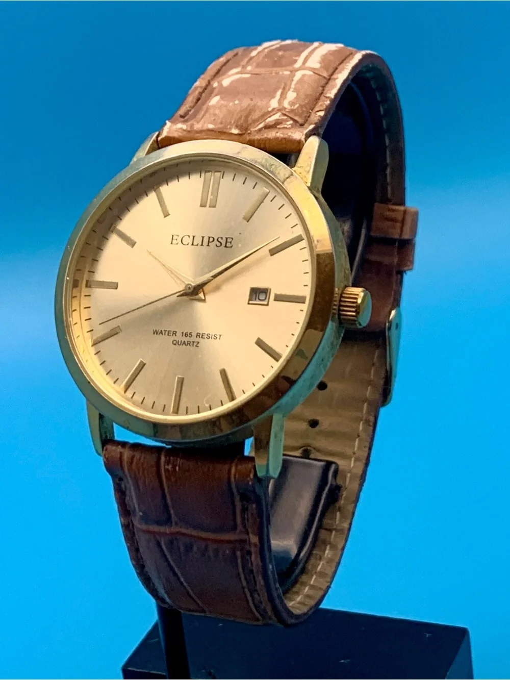 ECLIPSE Men’s Quartz Wristwatch Leather Band Date Japan Movt Working New Battery